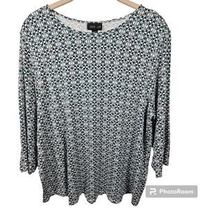 J. Jill Wearever Collection Teal Blue Geometric Print Blouse Size L